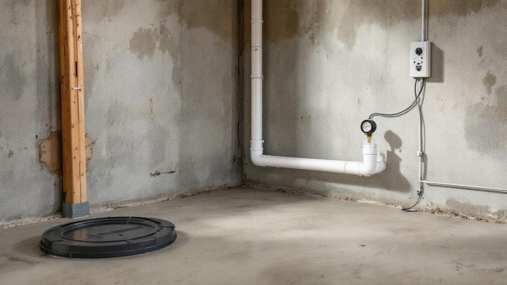 Sub-slab depressurization radon mitigation pipe entering through a Columbus basement floor, exposed PVC routing visible